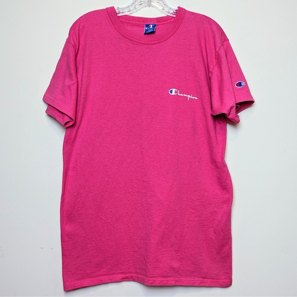 Champion Tonal Script Spell Out Logo Single Stitch Shirt VTG 80s Hot Pink Medium